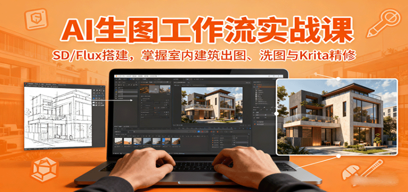 AI生图工作流实战课:SD/Flux搭建,掌握室内建筑出图、洗图与Krita精修-咖脉互联