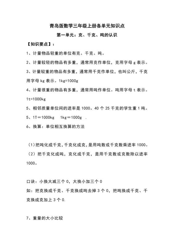 三上青岛版数学重点知识点预习-咖脉互联