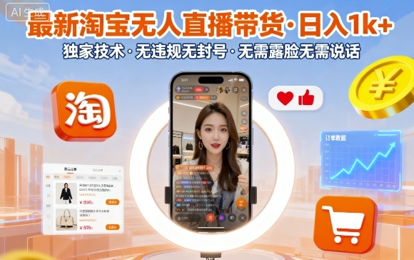 最新淘宝无人直播带货,日入1k+,独家技术,无违规无封号,无需露脸无需说话【揭秘】-咖脉互联