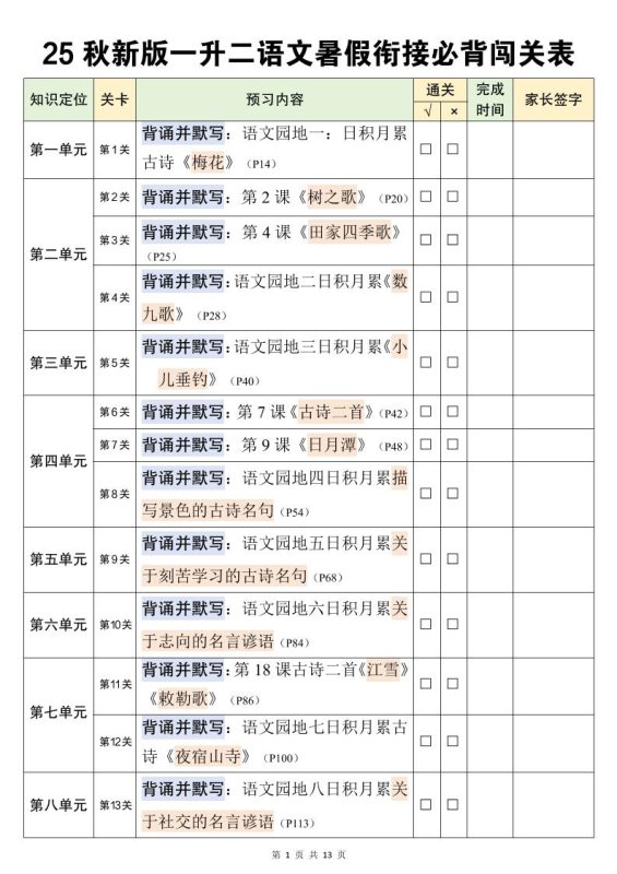 二上语文暑假衔接必背闯关表-咖脉互联