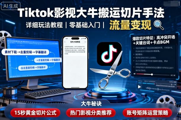 Tiktok影视大牛搬运切片手法,详细玩法教程-咖脉互联