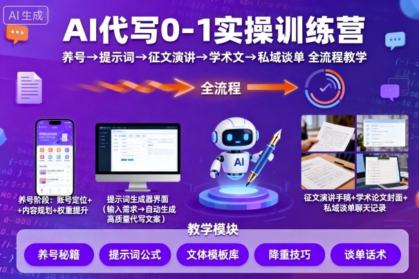 AI代写0-1实操训练营,从养号、提示词、征文演讲、学术文,到私域谈单的全流程教学-咖脉互联