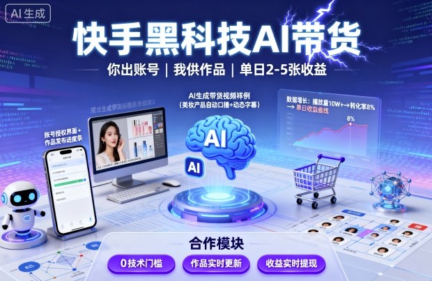 快手黑科技AI带货,你提供账号,我提供作品并发布,单日2-5张【揭秘】-咖脉互联
