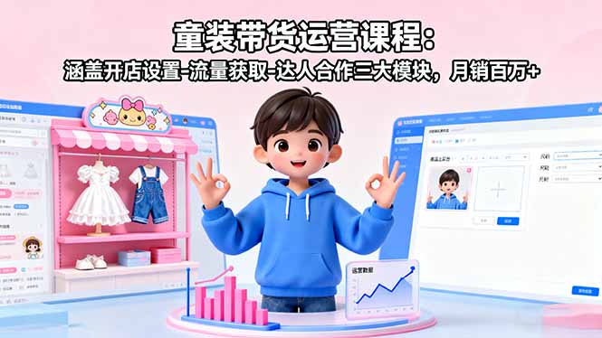 童装带货运营课程:涵盖开店设置-流量获取-达人合作三大模块,月销百万+-咖脉互联
