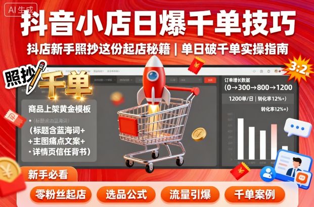 抖音小店日爆千单技巧,抖店新手照抄这份起店秘籍,单日破千单-咖脉互联