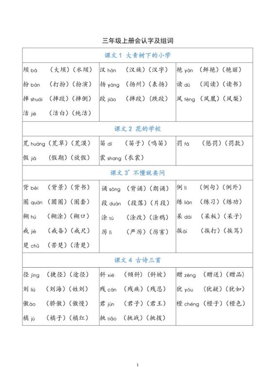三上语文-识字表注音组词-咖脉互联