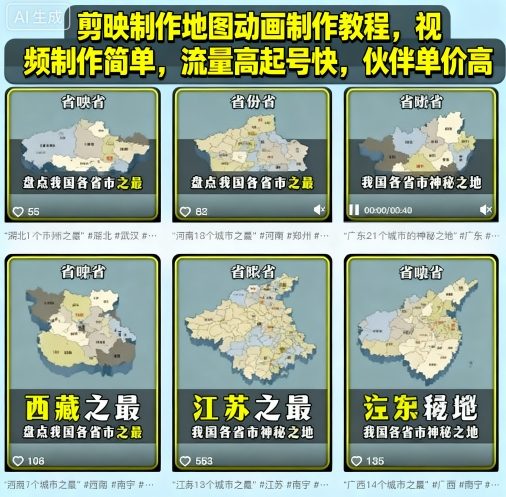 剪映制作地图动画制作教程,视频制作简单,流量高起号快,伙伴单价高-咖脉互联