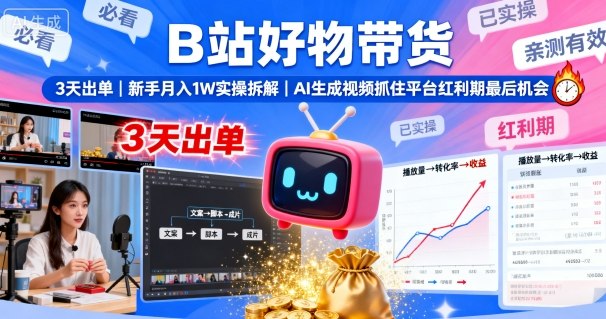 B站好物带货,3天出单,新手月入1W实操拆解,AI生成视频,抓住平台红利期最后机会-咖脉互联