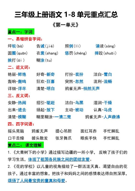 三年级上册语文1-8单元重点汇总-咖脉互联