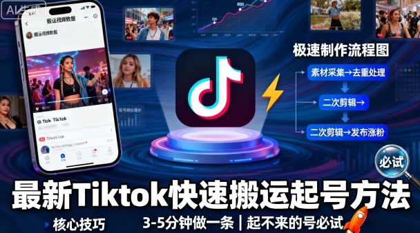 最新Tiktok快速搬运快速起号方法,3-5分钟做一条,起不来的号可以试试-咖脉互联