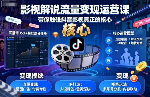 影视解说流量变现运营课,带你触碰抖音影视真正的核心-咖脉互联