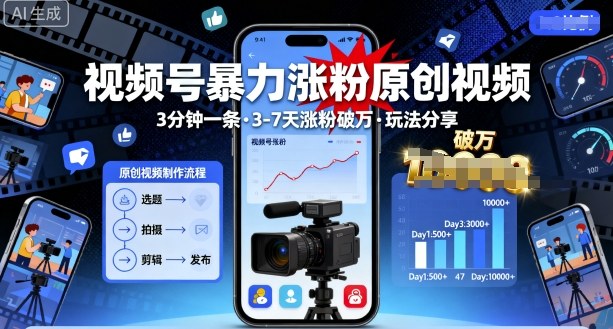 视频号暴力涨粉原创视频,3分钟一条原创视频,3-7天涨粉破万,玩法分享给你-咖脉互联