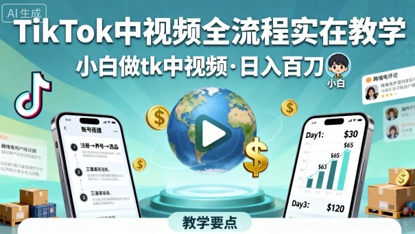 TikTok中视频全流程实操教学,小白做tk中视频,日入百刀-咖脉互联