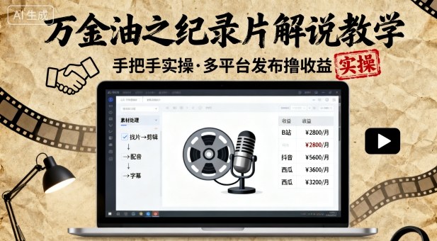 万金油之纪录片解说教学,手把手教你,完全实操,多平台发布撸收益-咖脉互联