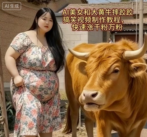 AI美女和大黄牛摔跤搞笑荒诞视频制作教程,快速涨千粉万粉-咖脉互联