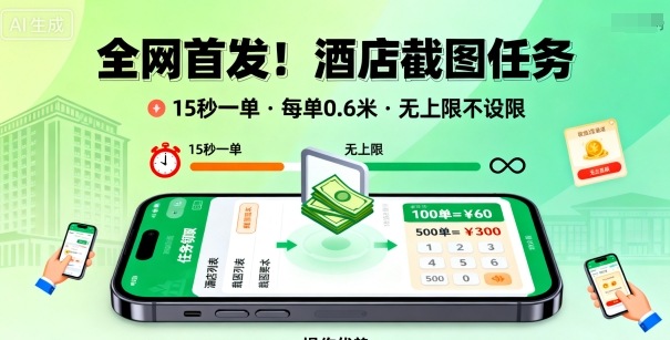 全网首发!酒店截图任务,15秒一单,每单0.6米,任务无上限不设限,矩阵操作单日3张到手【揭秘】-咖脉互联