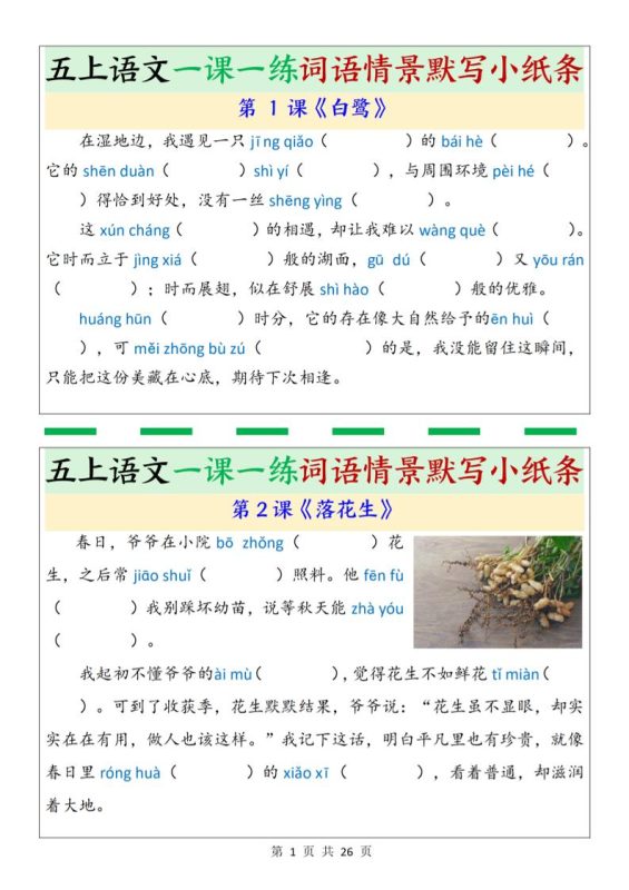 五上语文一课一练词语情景默写小纸条(含答案26页)-咖脉互联