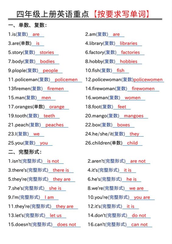 四年级上人教PEP版英语重点按要求写单词(答案)-咖脉互联