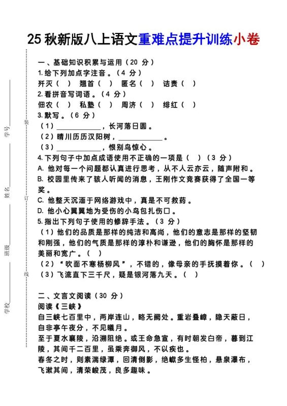 【2025秋新版】八上语文重难点提升训练小卷-咖脉互联