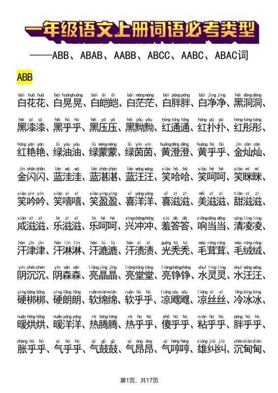 新一上语文词语必考类型(ABB、ABAB、AABB、ABCC、AABC、ABAC、ABCB类词语)17页-咖脉互联