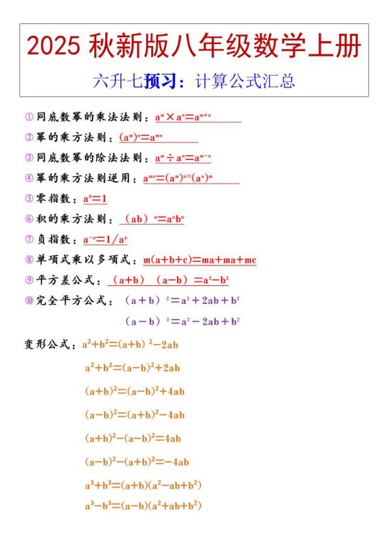 【2025秋新版】八年级上册数学计算公式汇总-咖脉互联