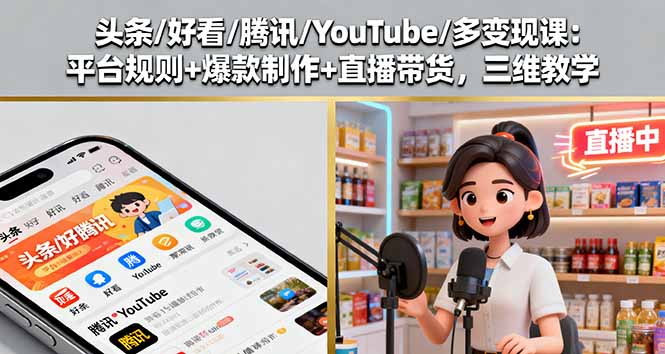 头条/好看/腾讯/YouTube/多变现课:平台规则+爆款制作+直播带货,三维教学-咖脉互联