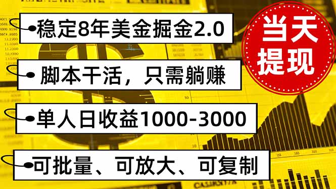 稳定8年美金掘金2.0脚本干活,只需躺赚。单人日收益1000-3000可批量、…-咖脉互联
