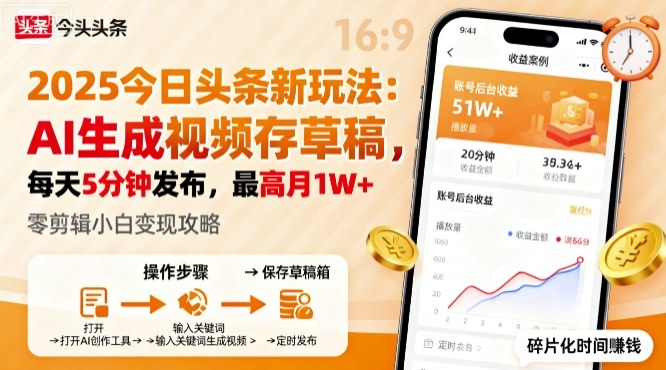 2025年今日头条躺賺新玩法,AI生成视频存草稿,每天5分钟发布,最高月1W+【揭秘】-咖脉互联