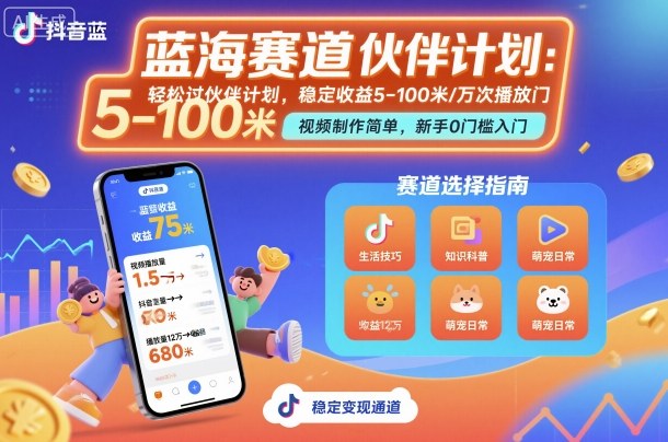 抖音蓝海赛道,轻松过伙伴计划,视频制作简单,万次播放收益在5-100米,稳定收益-咖脉互联