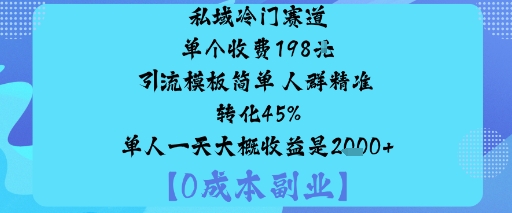 私域冷门赛道:单个收费198米引流模板简单人群精准转化45%单人一天大概收益是1k+-咖脉互联