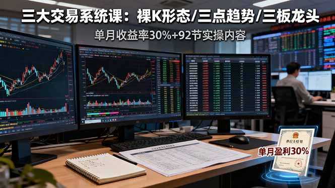 三大交易系统课:裸K形态/三点趋势/三板体系,单月收益率30%+92节实操内容-咖脉互联