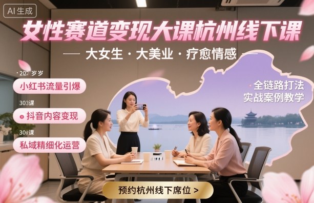 女性赛道变现大课杭州线下,大女生,大美业,疗愈情感,一套小红书、抖音、私域全链路打法-咖脉互联