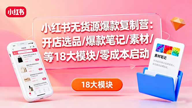小红书无货源爆款复制营:开店选品/爆款笔记/素材/等18大模块/零成本启动-咖脉互联