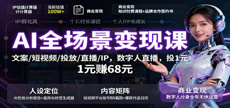 AI全场景变现课:文案/短视频/投放/直播/IP,数字人直播,投1元赚68元-咖脉互联