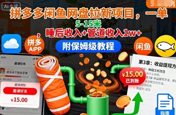 拼多多闲鱼网盘拉新项目,一单5-15米,睡后收入+管道收入1w+(附保姆级教程)-咖脉互联