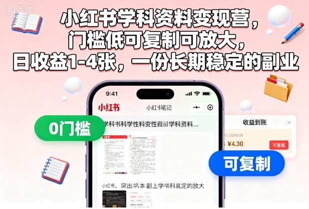 小红书学科资料变现营,门槛低可复制可放大,日收益1-4张,一份长期稳定的副业-咖脉互联