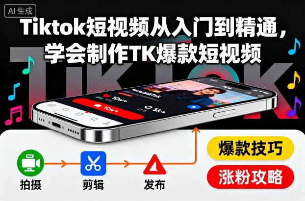 Tiktok短视频从入门到精通，学会制作TK爆款短视频-咖脉互联