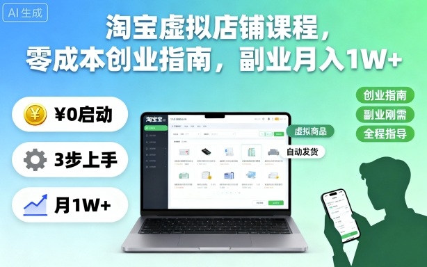 淘宝虚拟店铺课程,零成本创业指南,副业月入1W+-咖脉互联