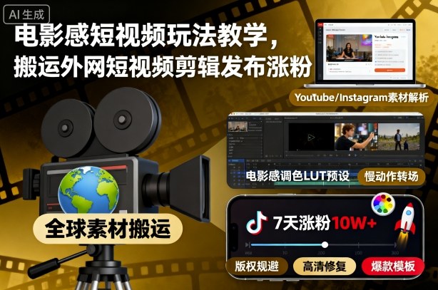 电影感短视频玩法教学,搬运外网短视频剪辑发布涨粉-咖脉互联