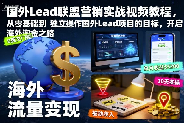 国外Lead联盟营销实战视频教程,从零基础到独立操作国外Lead项目的目标,开启海外淘金之路-咖脉互联