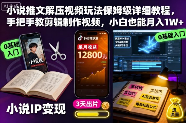 小说推文解压视频玩法保姆级详细教程,手把手教剪辑制作视频,小白也能月入1W+-咖脉互联