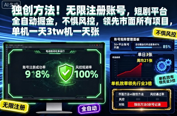 独创方法！无限注册账号，短剧平台全自动掘金，不惧风控，领先市面所有项目，单机一天3张【揭秘】-咖脉互联