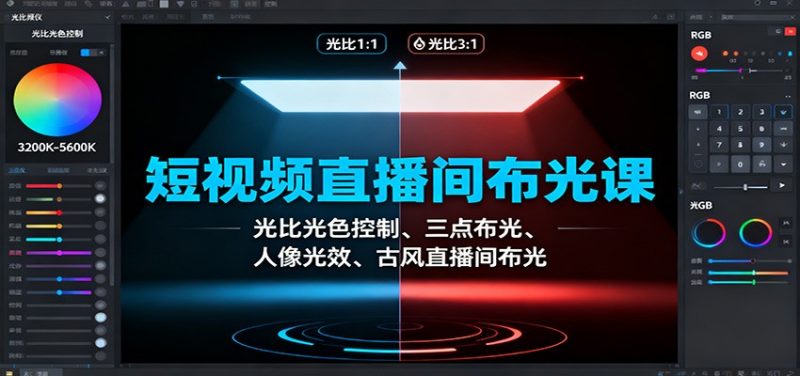 短视频直播间布光课：光比光色控制、三点布光、人像光效、古风直播间布光-咖脉互联