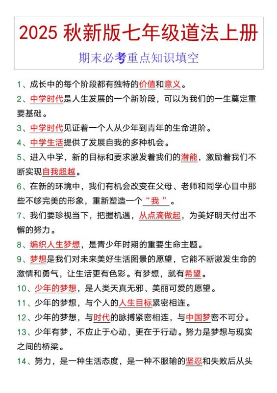 七年级道法上册期末必考重点知识填空-咖脉互联