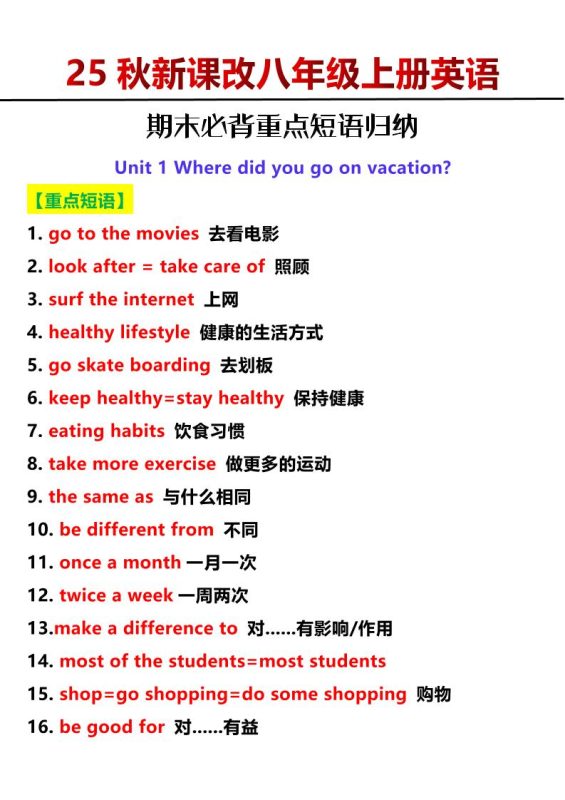 【2025秋新版】八年级上册英语期末必背重点短语归纳-咖脉互联