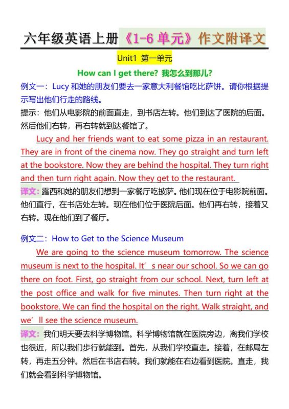 六年级英语上册《1-6单元》作文附译文-咖脉互联