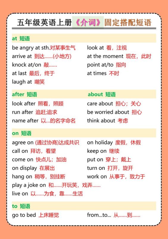 五年级英语上册《介词》固定搭配短语-咖脉互联