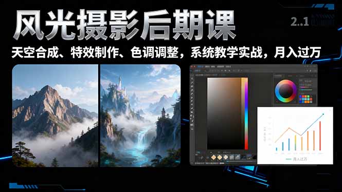 风光摄影后期课，一键换天空合成、特效制作、色调调整，月入过万-咖脉互联