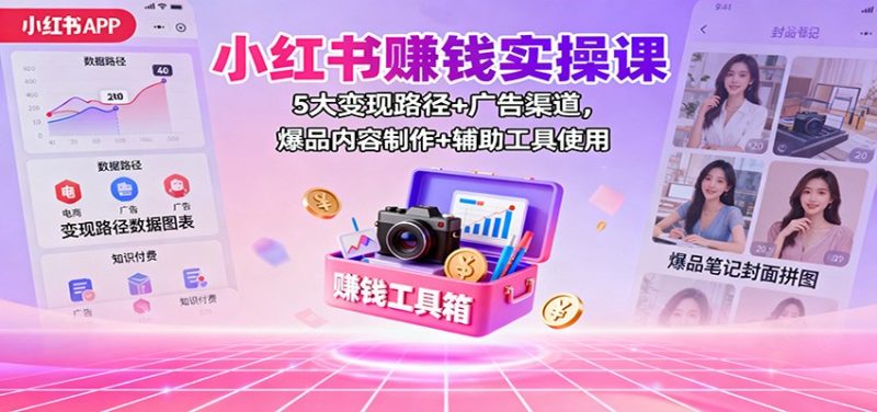 小红书赚钱实操课:5大变现路径+广告渠道,爆品内容制作+辅助工具使用-咖脉互联