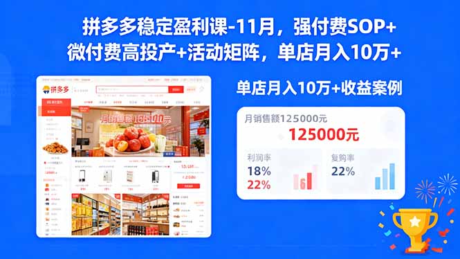 拼多多稳定盈利课-11月,强付费SOP+微付费高投产+活动矩阵,单店月入10万+-咖脉互联
